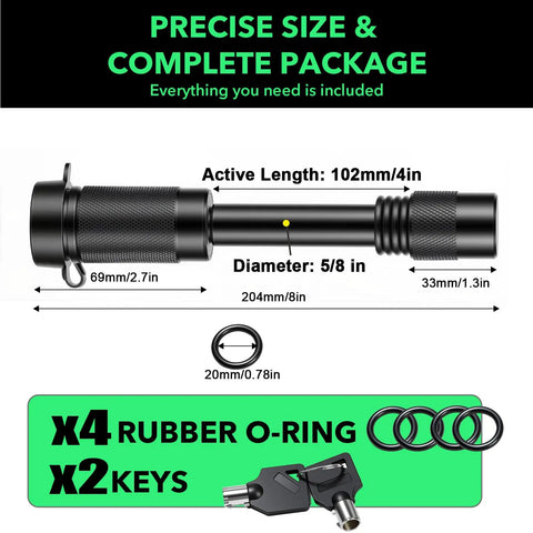 Beefy Trailer Hitch Pin Lock for Class III/IV Receivers 2.5 to 3 Inch, 5/8 Inch Shackle, Black, with keys and rubber O-rings