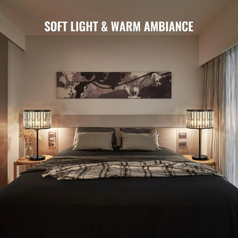 Bedroom scene with Sleek 21.6 Inch Black Industrial Bedside Lamp With Crystal K9 Shade, 3 Color Changing Mood Lighting on nightstands