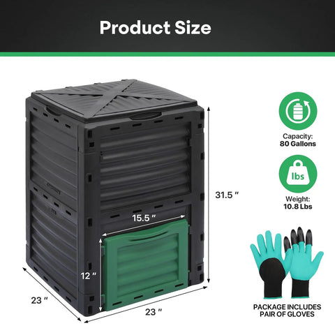 80 Gallon Outdoor Compost Bin With Snap On Lid And Aeration Vents, black and green, 31.5 x 23 inches, includes gloves