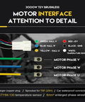 Motor interface with colored wires labeled for connections, focus on compatibility and attention to detail in design.