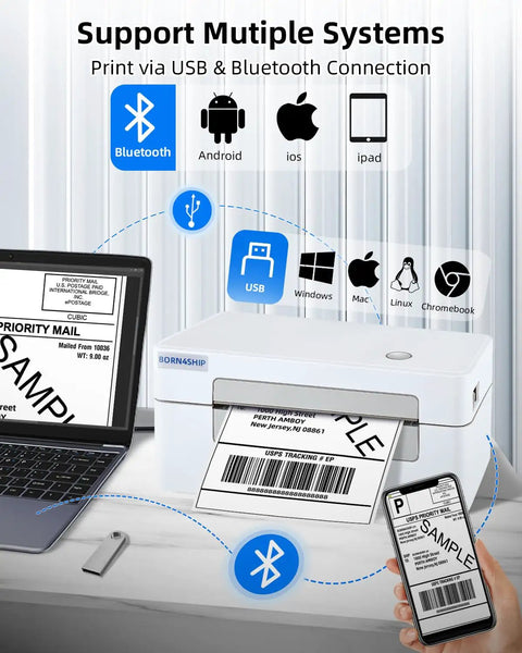 Bluetooth 4x6 Thermal Shipping Label Printer Workhorse For Small Business, Wireless Label Printer For Amazon Shipments, shown with devices