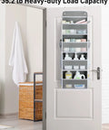 Over The Door Organizer With Four Bins And Six Mesh Pockets Swing Proof Hanging Storage For Nursery And Baby Essentials Toys And Stuffed Animals Perfect For Dorm Rooms And Bathrooms 42 Inches Tall hanging on a door filled with toiletries and cleaning supplies in a bathroom.
