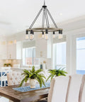 Rustic Wagon Wheel Chandelier With Eight Lights Large Farmhouse Round Kitchen Island Pendant In Smoked Birch Finish