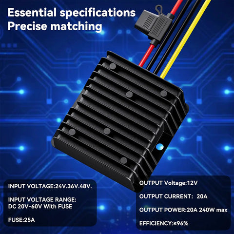 36V To 12V DC-DC Converter For Golf Carts, Beefy 20A 240W Step Down Voltage Reducer With Fuse, black housing shown