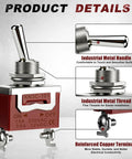 Industrial details of 4 Pack SPST Toggle Switches On Off 12V DC 30A Heavy Duty Waterproof with Boot Cap Cover, showing handle and terminals.
