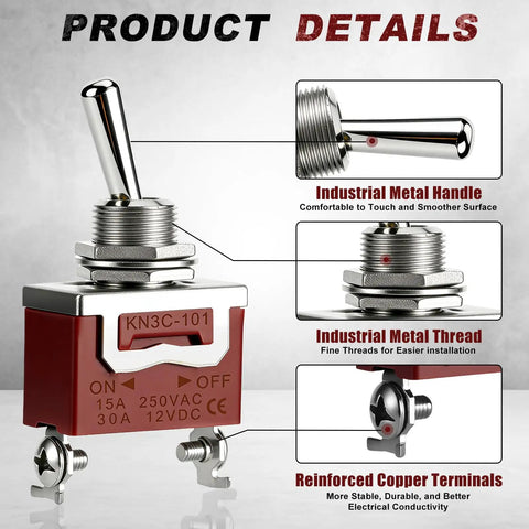 Industrial details of 4 Pack SPST Toggle Switches On Off 12V DC 30A Heavy Duty Waterproof with Boot Cap Cover, showing handle and terminals.
