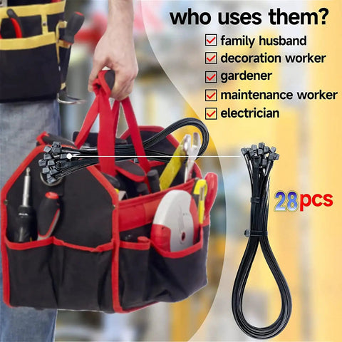 Heavy Hitting 30 Inch Black Zip Ties With 200 Lbs Grip Thick Cable Ties And Extra Long Nylon Tie Wraps For Yard Chores Electrical Setup And Garage Grind Durable 28 Pack in a tool bag.
