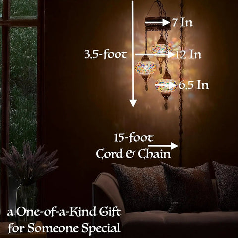Plug In Turkish Hanging Lamp With Handmade Moroccan Mosaic Chandelier Pendant Light 15 Ft Cord And Chain Dope Ceiling Fixture For Living Room And Bedroom Three Large 7 Inch Globes 3.5 Ft displayed in living room
