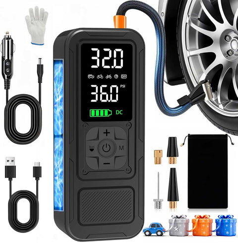 Y34 Portable Tire Inflator Air Compressor With Digital Pressure Gauge 150 PSI Cordless 6000mAh shown with accessories