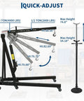 Heavy Duty Folding Hydraulic Engine Hoist And Underhoist Support Stand Combo Two Ton Adjustable Boom with height measurements.