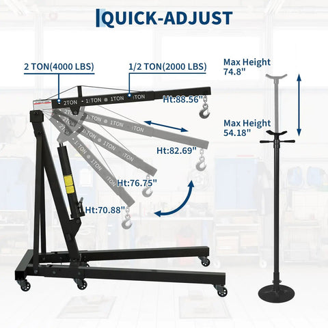 Heavy Duty Folding Hydraulic Engine Hoist And Underhoist Support Stand Combo Two Ton Adjustable Boom with height measurements.