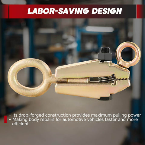 Heavy Duty Workhorse 5 Ton Two Way Auto Body Repair Clamp Tool With Self Tightening Frame Pull Clamps And Anti Rust Grips shown up close