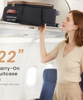 Woman placing Your Go To Carry On That Fits Overhead Bins 22x14x9 Inches Water Resistant Softside Spinner in overhead bin.