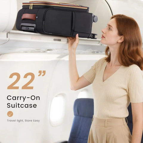 Woman placing Your Go To Carry On That Fits Overhead Bins 22x14x9 Inches Water Resistant Softside Spinner in overhead bin.