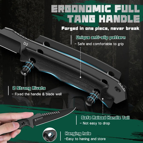 Close-up of rugged fixed blade outdoor knife with D2 steel blade, toothed spine, full tang, ergonomic handle features displayed