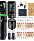 Dragonhawk L3 tattoo kit front view: black cordless dual pen machines, 2 batteries, RCA power supply, needles
