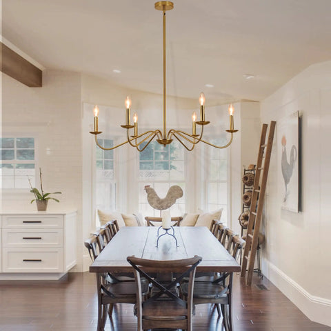 Dining room with Six-Light Brushed Brass Chandelier For Dining Room, 35-Inch Wide Over Table Fixture, farmhouse style decor.