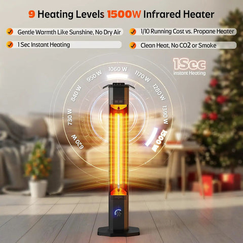 Infrared 1500W Outdoor Patio Heater Tower 42 Inch Tall With 9 Heat Settings And 9H Timer IPX5 Waterproof in living room setting