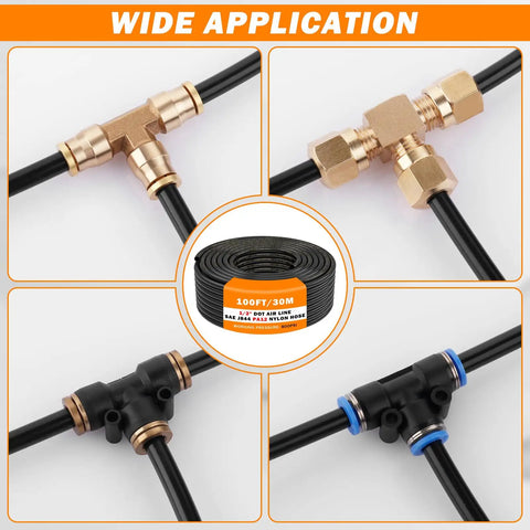 PA12 Nylon DOT Air Line One Half Inch OD Pneumatic Tubing, 100 Feet Long, SAE J844 Compliant, multiple connector views