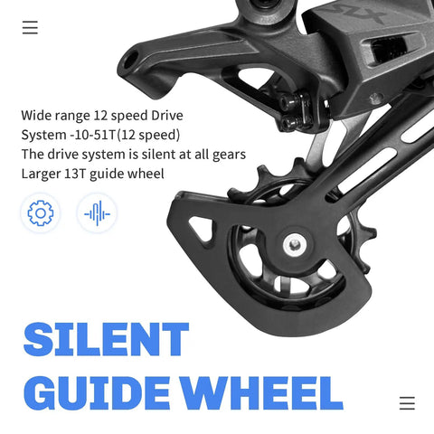 Close-up of Trail Ready 12 Speed Mountain Rear Derailleur M7100 SGS With 13T Pulley Kit for smooth shifts and quiet drive
