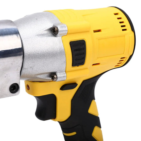 Close-up of Jeffergarden Brushless Metal Shears Cordless Electric Cutter 400Nm Torque Rotating Head handle and trigger grip.