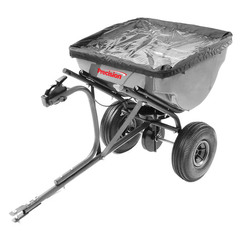 Tow Behind Broadcast Spreader With 75 Pound Capacity For Semi Commercial Lawn Care Rain Cover Sturdy Seven Eighth Inch Steel Frame Heavy Duty Plastic Hopper Eight To Ten Foot Spread Pattern On Off From Tractor Or Mower Seat