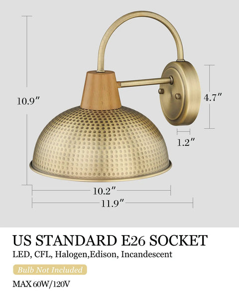 Two Pack Outdoor Wall Sconces Barn Style Light Fixtures with Hammered Metal Shade in Antique Brass Finish, indoor outdoor use