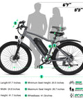 Adult Electric Bike 26 Inch Commuter With 7 Speed Gears And A Smooth 25 MPH Cruise dimensions and sizing guide on the side.