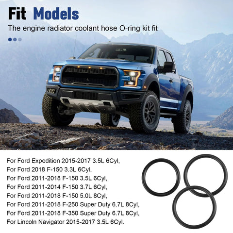 Radiator hose O-ring kit 3-pack, black rubber seals for Ford F-150/Lincoln; front view of blue pickup and three rings
