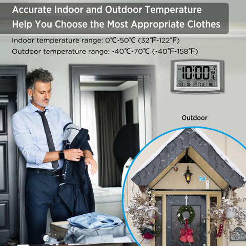 Atomic Wall Clock With Outdoor And Indoor Temperature, 12.5 Inch Large Digital Display, shown indoors above a doorway.