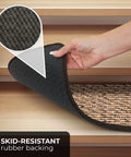 Hand holding skid-resistant carpet stair tread with rubber backing, showing texture of Skid-Resistant Carpet Stair Treads Set Of 15 In Black Ripple 8 By 27 Inches Non-Slip Rubber Backing Easy Install For Stairs Safe For Family And Pets Durable Non-Slip Stair Covers With Strong Grip