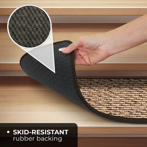 Close-up showing skid-resistant rubber backing of Set Of 15 Skid Resistant Carpet Stair Treads Black Ripple 8 Inches By 30 Inches No Slip