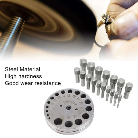Disc Cutter Set With 17 Dies For Jewelry Making And Leather Crafting, Pro Grade Steel Pendant Punch Tool displayed with dies and cutting wheel