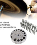 Pro Grade Disc Cutter Set For Jewelry Making With Seventeen Dies showcasing steel material and multiple punch dies.