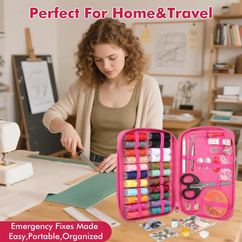 On The Go Pink Sewing Kit For Adults Portable Travel Set With 198 Pieces Includes Needles Thread Scissors Tape Measure Marker Pens And More Dorm Room Essentials For Girls And Guys, shown open next to someone sewing.