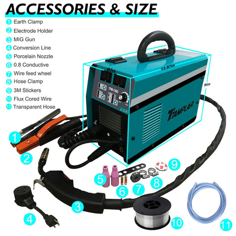 3 In 1 Gasless Welder 140A 110V MIG MMA Lift TIG Flux Core Wire Welder No Gas Inverter with accessories shown.