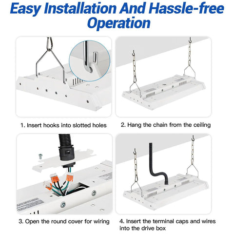 Installation steps for Led Linear Shop Lights 150W High Bay With 360 Degree Adjustable, including hooks and wiring instructions.