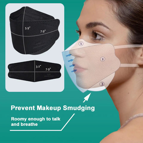 Woman wearing KN95 Face Masks For Adults 50 Pack Individually Wrapped 5 Ply Black Disposable Masks Against PM 2 5 Smoke And Dust