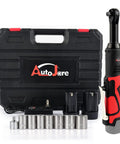 Extended 18V Cordless Ratchet Wrench Kit With Three Eighths Inch Drive, 450 RPM, Sixty Foot Pounds Torque, complete set shown