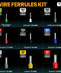 Wire Ferrules Kit layout with quantities and sizes for AWG 24 to 8, part of Self Adjusting Ferrule Crimp Tool Set for Wire Ferrules AWG 24 To 8 With 9 Insulated Ferrule Terminals And Square Crimp Connectors DIY Electrical Kit Includes Connector Assortment GX9-4