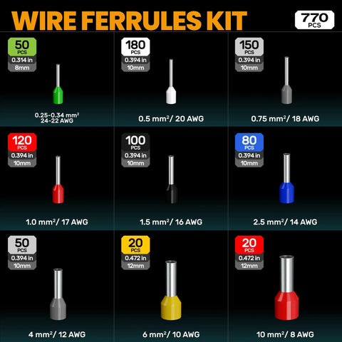 Wire Ferrules Kit layout with quantities and sizes for AWG 24 to 8, part of Self Adjusting Ferrule Crimp Tool Set for Wire Ferrules AWG 24 To 8 With 9 Insulated Ferrule Terminals And Square Crimp Connectors DIY Electrical Kit Includes Connector Assortment GX9-4