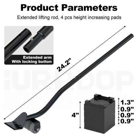 Side view of IURRDOP 24'' black alloy steel furniture lifter with four heightening blocks and a wheeled base