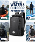 People using 20L Waterproof Dry Bag Backpack With Waist Pouch And Phone Case Roll Top Marine Gear Bag For Kayaking Beach Rafting Boating Hiking Camping And Fishing All Weather Ready in outdoor settings.