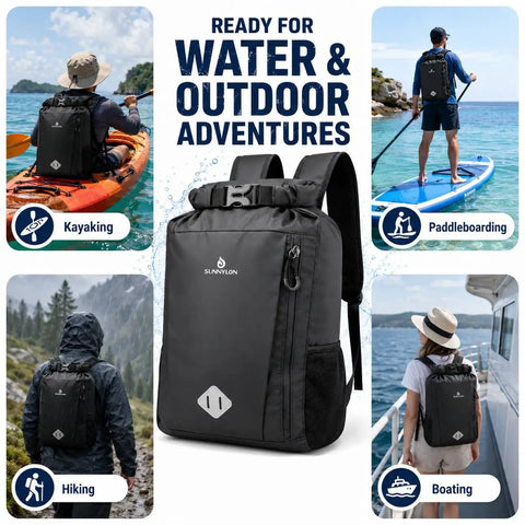 People using 20L Waterproof Dry Bag Backpack With Waist Pouch And Phone Case Roll Top Marine Gear Bag For Kayaking Beach Rafting Boating Hiking Camping And Fishing All Weather Ready in outdoor settings.