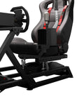 Seat Move Motion Platform V3 For Racing Sim Rigs European Made Professional Motion System With Crazy Fast Smooth Movement For High End Sim Setups Including CXC Simulations. Black seat motion rig with racing bucket seat