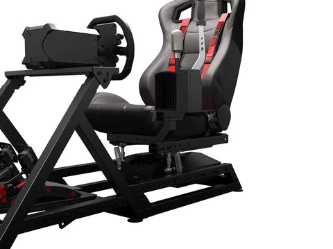 Seat Move Motion Platform V3 For Racing Sim Rigs European Made Professional Motion System With Crazy Fast Smooth Movement For High End Sim Setups Including CXC Simulations. Black seat motion rig with racing bucket seat