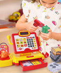 Child playing with Pretend Play Cash Register Toy With Barcode Scanner Calculator Microphone Play Food And Supermarket Checkout Gear.