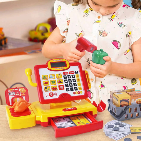 Child playing with Pretend Play Cash Register Toy With Barcode Scanner Calculator Microphone Play Food And Supermarket Checkout Gear.