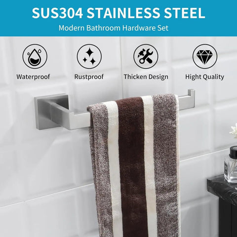 Gold Five Piece Bathroom Hardware Set Wall Mounted 23.6 Inch Towel Bar Brushed Gold Finish 304 Stainless Steel shown with towel