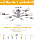 8 Light Sputnik Ceiling Chandelier In Brushed Nickel Silver, E26 base, showing dimensions and bulb types